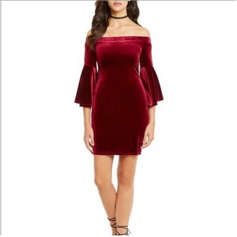 Gianni Bin Velvet Dress Off Shoulder Bell Sleeve Party Cocktail Red M‎